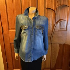 Mudd distressed Studded Denim Button-Up Shirt.